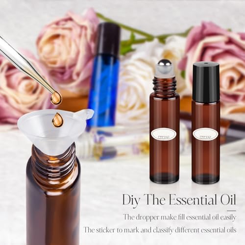10ml Roller Bottles for Essential Oils, 4 Pack Glass Roll on Bottles, Refillable Perfume Bottle, with Stainless Steel Roller Balls, 2 Droppers, 1 Opener, Labels (Amber) - color: Brown