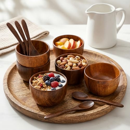 Lyellfe Set of 4 Acacia Wooden Bowl, 5 Oz Small Dipping Sauce Bowl with Spoon, 3 Inch Charcuterie Dish, Soup Water Cup for Condiments, Jam, Nuts, Appetizer, Snack, Yogurt