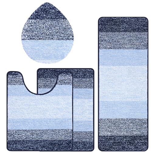 Bsmathom Bathroom Rugs Sets 4 Piece, Soft Absorbent Microfiber Bath Rugs with U-Shaped Contour Toilet Rug and Toilet Lid Cover, Thick Non-Slip Plush Shaggy Bath Mat Set,Navy Blue - color: Navy Blue, size: 18"x26"+18"x48"+U20"x24"+Cover19"x21"