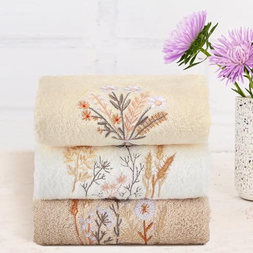 Tingjoo 3 Pcs Neutral Boho Flowers Hand Towels Farmhouse Floral Taupe Pale Orange Wildflowers Bath Towels Washable Soft 14x29 Inch Embroidered Boho Cotton Decorative Decor for Bathroom Kitchen - color: Taupe Pale Orange Beige, style: Bohemian