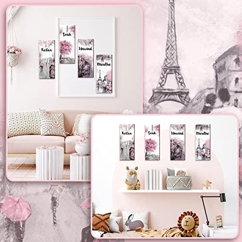 Gerrii 4 Pcs Pink and Grey Bathroom Decor Paris Decor Relax Soak Unwind Breathe Wall Art Farmhouse Bathroom Wedding Newlywed Home Spa Laundry Accessories Wood Hanging Sign(11.81 x 3.15 Inch,Rectangle) - size: 11.81 x 3.15 Inch, style: Rectangle