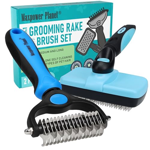 Maxpower Planet Dog Rake and Dog Hair Brush - Gently Removes Loose Undercoat, Mats and Tangled - Deshedding Grooming Tool for Dogs & Cats - Self Cleaning Slicker Brush - All Hair Types - color: A - Rake & Brush (Best Value), size: Large