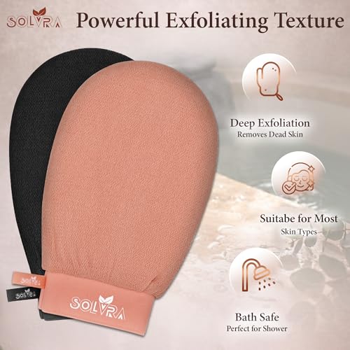 Exfoliating Gloves –100% Vegan Viscose Kessa Mitt for Dead Skin Removal, Self-Tan Fade, and Keratosis Pilaris – Dual-Texture Glove for Spa & Massage (2 Pack,Black/Orange) - color: Pack of 2 - Black & Orange