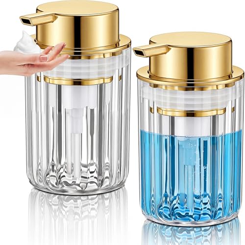Potchen 2 Pcs Refillable Foaming Hand Soap Dispenser 10 oz Plastic Dispenser Pump Lotion Foaming with Silver Pump for Bathroom Vanities Kitchen(Gold) - color: Gold