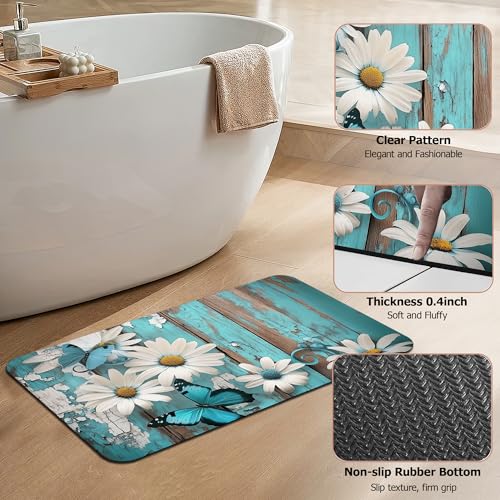 Diatomaceous Earth Bath Mat,White Daisy Bath Rugs,Vintage Wood Non-Slip Thin Absorbent Fast Drying Easy to Clean for Bathroom Laundry Home Kitchen Door Mat 17x29.5Inch - color: White Daisy,vintage Wood