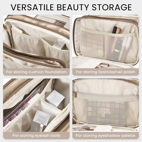HauteHues Travel Makeup Bag Women's Large Capacity Cosmetic Portable Organizer Large Opening Waterproof Storage Toiletry Bags Vertical Free-Standing Brush Holder for Easy Access Copper - color: Copper