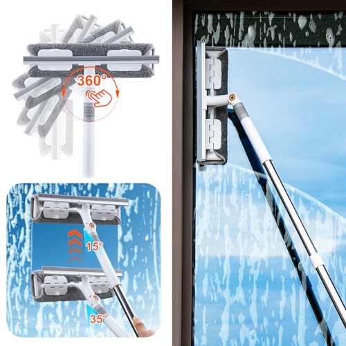 funest 126‘’ Squeegee for Window Cleaning, 2-in-1 Window Cleaner Tool with Extension Pole, Rotatable Head for Indoor and Outdoor Glass Shower Glass Mirror Car RV Window Cleaning Kit