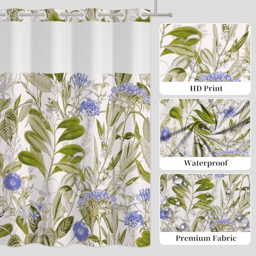 No Hook Botanical Shower Curtain with Snap in Liner,71x74 Inch | Green Tropical Leaf & Blue Floral Shower Curtains for Bathroom, Waterproof Fabric Bath Curtain with Mesh Top Window, - color: Botanical-a