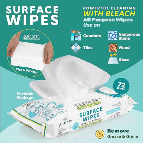 Juniper CLEAN 1 Pack Surface Wipes with Bleach, All-Purpose Cleaner for Bathroom, Kitchen, Office, 72 Count Soft Flow, Fresh Scent, Lint Free & Durable - size: 72 Count (Pack of 1)