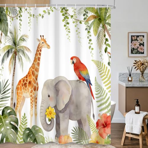 Fabric Shower Curtain with Hooks YJY01569 - color: Tropical Jungle Animals