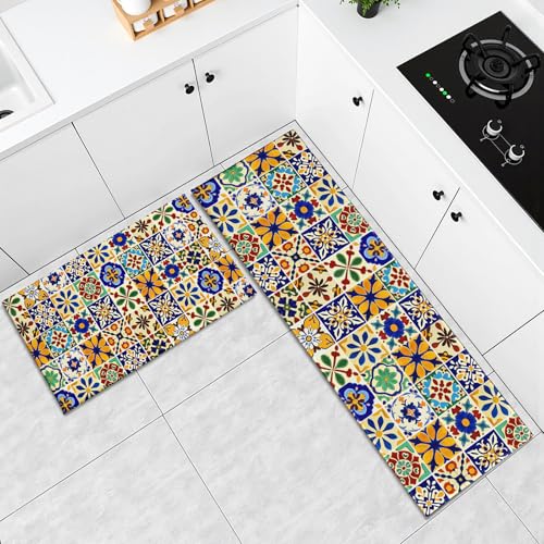 Colorful Rugs for Kitchen Floor 2 Pcs Boho Ceramic Washable Runner Rug Non Slip 17"x47"+17"x30", Mexican Tile Print Comfort Kitchen Floor Mat for Bathroom Laundry Office Decor - color: Colorful Ceramic