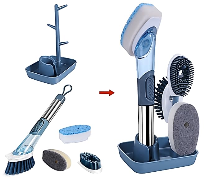Soap-Dispensing Dish Washing Brush Set – Includes 4 Replaceable Heads & Stylish Storage Stand – Effortless Scrubbing for Dishes, Pots, Pans & Sinks