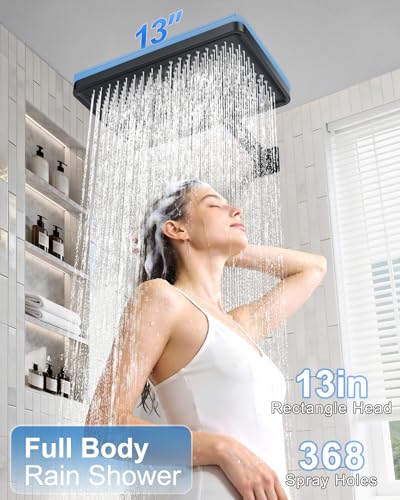 Matte Black 13-Inch Rainfall Shower System - Premium Shower Head & Handheld Sprayer, Complete Bathroom Set with Faucet Mixer Trim Kit & Valve - color: Matte Black, size: 13''
