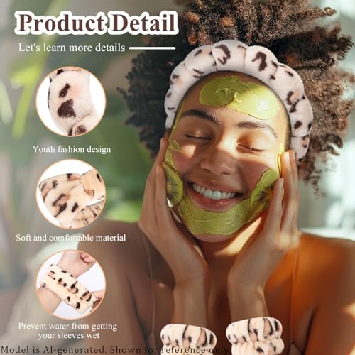 Headband for Washing Face Wristband Set, Leopard | Soft absorbent fabric, snug head-hugging fit for face washing, skincare, makeup, masks, travel, women and teen girls - color: Brown leopard print
