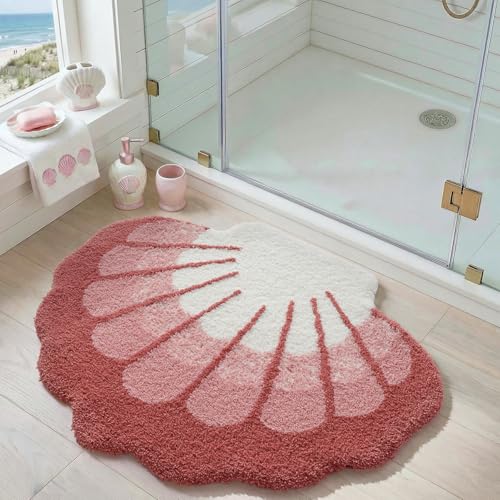DEXI Seashell Bathroom Rugs Non Slip Washable, 38x30 Ultra Soft Cute Bath Mats for Bathroom Absorbent Quick Dry, Coastal Sea Bathmat for Shower Floor, Tub, Sink, Pink - color: Scallop Pink-large