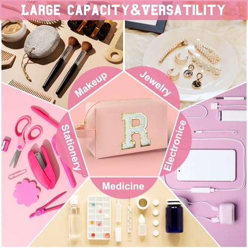 Personalized Initial Makeup Bag with Handle, Preppy Cosmetic Bag with Inner Zipper Pocket, 8 9 10 11 12 13 14 Years Old Girl, Graduation Gifts for Teen Girls Women Teachers (R, Pink) - color: Pink, style: R