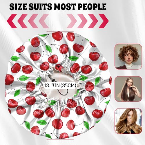Luxury Shower Cap Satin Lined Reusable Waterproof Double Layer Elastic Adjustable Hair Bath Cap Cute Aesthetic Women Girls-Cherry - color: F4-Cherry