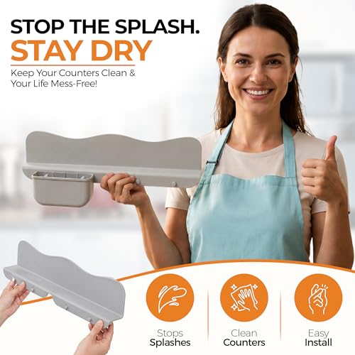 Silicone Sink Splash Guard with Sponge Holder -19.5" x 4.5" x 2.5",- Strong Suction - Sink Edge Protectors for Kitchen Sink - Kitchen Sink Splash Guard - Gray