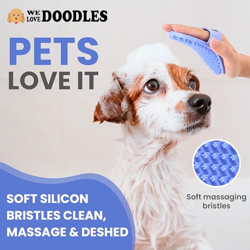 Dog Grooming Bath Brush, Pet Rubber Brush for Shower Scrubbing & Soothing Massage, Ideal for Long & Short Haired Dogs and Cats, Essential Puppy Accessories, Short-Pins [We Love Doodles] - size: Short Pins