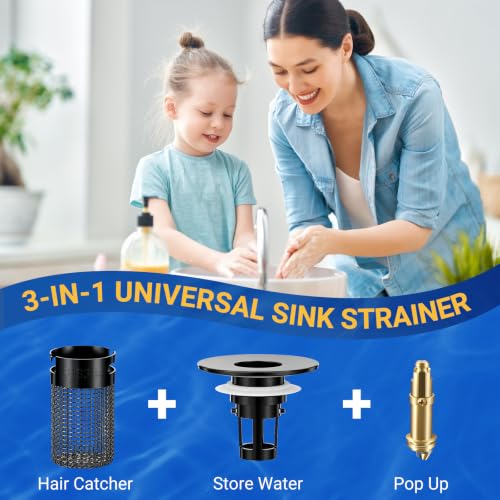 Bathroom Sink Drain Strainer, Pop-Up Bathroom Sink Stopper with Removable Stainless Steel Hair Catcher Basket, Universal Fit for US Bathroom Sinks, Showers & Floor Drains (2pcs-Black) - color: 2pcs-black