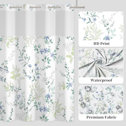 No Hook Floral Shower Curtain with Snap in Liner 71x74 Inch | Blue Green Botanical Vine Shower Curtains for Farmhouse Cottagecore Bathroom, Waterproof Fabric with Mesh Top Window - color: Blue Botanical