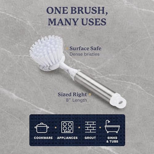 Farberware Dish Brush with Handle, 2 Pack, Firm Bristles | Kitchen scrub brush and dish scrubber removes grease, reaches pot and pan edges, 8in, round head, marble-look design - color: White Marble Round