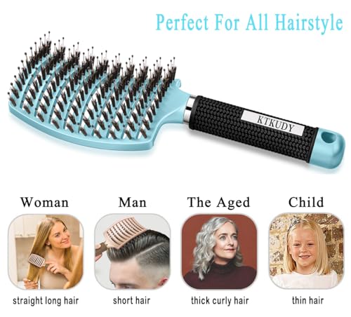 KTKUDY Detangling Brush Boar Bristles Hairbrush Make Hair Shiny & Healthier Curved and Vented Detangler Brush for Women Men Kids Wet and Dry Hair (light Blue) - color: light blue