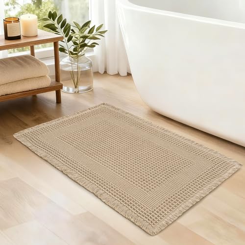 JIUZHEN Waffle Bath Mat Super Absorbent Non Slip Waffle Bath Mats Machine Washable Bathroom Shower Rugs Ultra Soft Boho Bath Rugs for Bathroom, 16" x 24", Loop-Brown - color: Loop-brown, size: 1'4" x 2' (Rectangular)