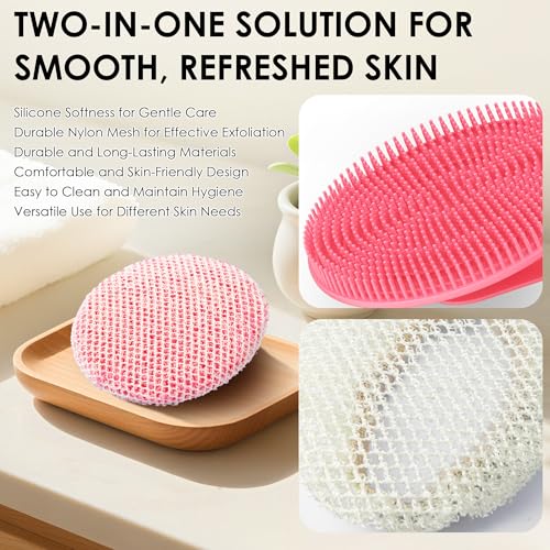 INNERNEED Food-Grade Silicone Body Scrubber Gentle Cleansing Brush with Exfoliating Net Sponge Bath Scrubbing Washcloth Case, More Hygienic and Well Lather (Pink Set) - color: (Set4) Pinkset