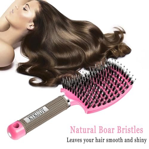 KTKUDY Detangling Brush Boar Bristles Hairbrush Make Hair Shiny & Healthier Curved and Vented Detangler Brush for Women Men Kids Wet & Dry Hair (Pink) - color: Pink