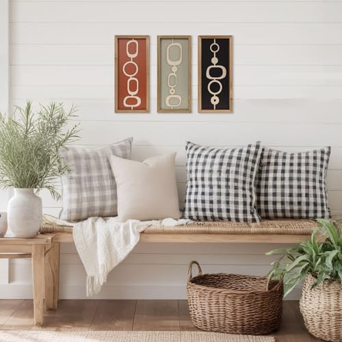 pechpell 3 Set Of Mid Century Modern Wall Art Wooden Framed, Modern Boho 3D Abstract Geometric Mcm Wall Hanging For Living Room, Bedroom, Entryway, Home Office, Earth Tone Minimalist Decor