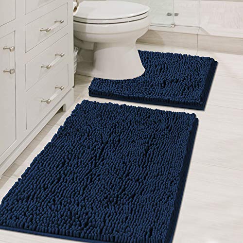H.VERSAILTEX Bath Mats Non Slip for Bathroom Rugs Soft, Absorbent, Shaggy Microfiber,Machine-Washable Dry Fast Bedroom Area Rugs Perfect for Door Mat (32"x 20" and 20" x 20" U Shape, Navy) - color: Navy, size: 20" x 32" Plus 20" x 20"