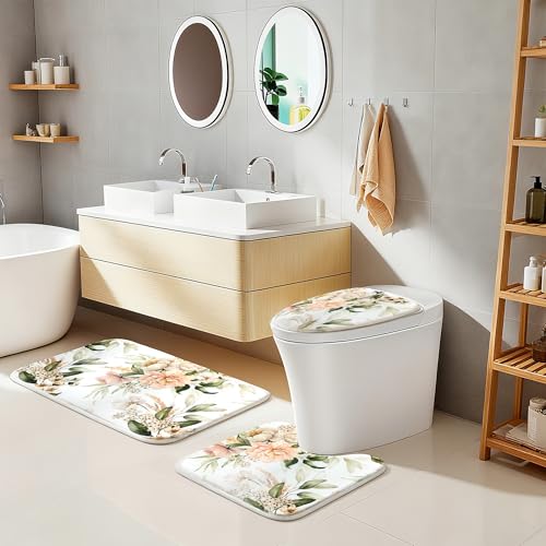 16 pcs Premium Floral Bathroom Set with Rugs and Shower Curtains,Flower high Absorbent Non-Slip Bath Mat and Shower Curtain Sets,Heavy-Weight 120gsm Bathroom Curtain with 12pcs Metal Hooks - color: Flower a