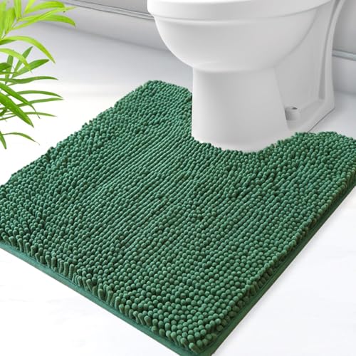 U-Shaped Toilet Rug, Chenille Contour Bathroom Mat, Non-Slip PVC Backing, Machine Washable, 24x20, Dark Green - color: Dark Green, size: 1'8" x 2' (20"x 24"U)