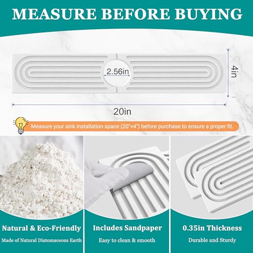 Stone Faucet Mat for Kitchen Sink - Quick Dry Diatomite Sink Splash Guard, Prevents Moisture Buildup & Water Stains, Water Absorbing Stone Tray for Bathroom Countertop (White, 20" x 4") - color: White, size: 20" x 4"