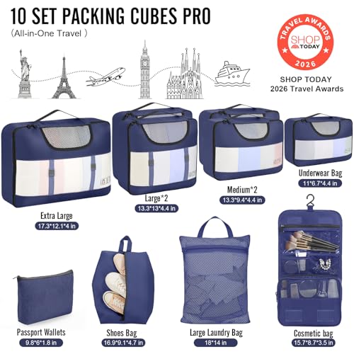 Veken 10 Set Packing Cubes for Travel Essentials,Anti-Wrinkle Buckled Suitcase Organizer for Shoe & Toiletry Bag,Carry On Luggage Bag with 99+ Count Mesh Holes for Airplane & College Dorm Accessories - color: 05 Indigo Blue