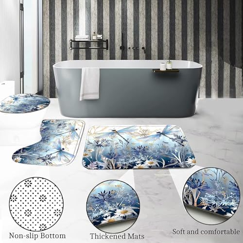DDQQ 4Pcs Blue Flower Dragonfly Shower Curtain Set with Rugs, Floral Plant Neutral Bathroom Decor Set Waterproof Bathtub with Carpet Bath Mat Toilet - color: Blue