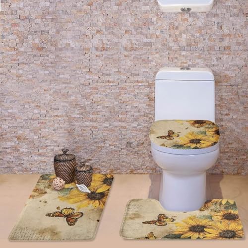 Butterfly 3 Piece Bathroom Rug Set Sunflower Bathroom Rug Set Non-Slip Bath Rugs Washable Bathroom Mat with Toilet Lid Cover Contour Mat Bath Rug for Shower Tub Bathroom Accessory Set - color: Butterfly Sunflower