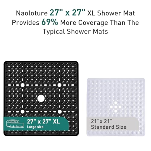 Large Square Shower Mat 27 x 27 Inch Black, Non Slip Shower Bathtub Mats for Inside Shower With Big Suction Cups Drain Holes, Anti Slip Bathroom Floor Shower Stall Mats, Easy Clean, BPA-Free - color: Black
