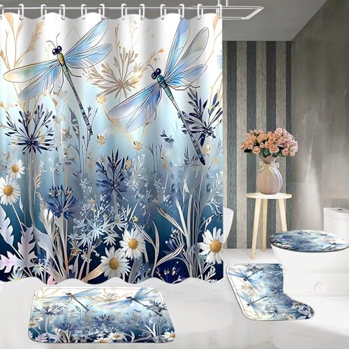DDQQ 4Pcs Blue Flower Dragonfly Shower Curtain Set with Rugs, Floral Plant Neutral Bathroom Decor Set Waterproof Bathtub with Carpet Bath Mat Toilet - color: Blue