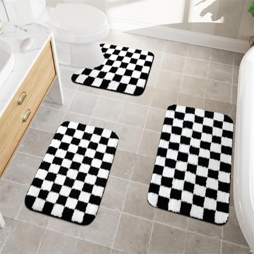 Uphome Bathroom Rugs Set 3 Piece, Black and White Checkered Bath Mat Set Non Slip Machine Washable, Soft Plush Microfiber Bathroom Mat with U Shaped Toilet for Tub, Shower - size: 18x25+20x31+U Shape 20x24 inch
