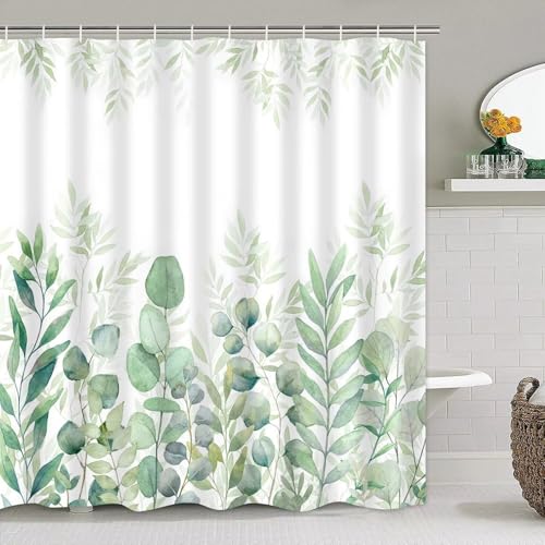 DDQQ 4Pcs Green Bathroom Set Leaves Shower Curtain Set Spring Eucalyptus Leaf Shower Curtain for Bathroom with 12 Hooks, Bathroom Decor Accessories for Bathroom Toilet Lid Cover - color: Green
