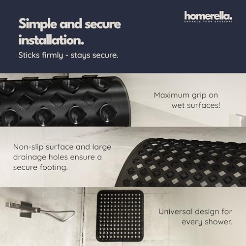 homerella® Shower Mat Non Slip Anti Mold, Non Slip Shower Mats for Inside Shower Stall Anti Slip Mat, Square Shower Floor Mat 21 x 21 in with Suction Cups & Hooks for Quick Drying, Machine Washable - color: Black