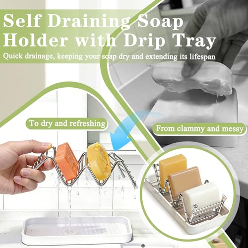Bar Soap Holder, Stainless Steel Shampoo Bar Holder for Bathroom Shower Wave-Shaped Self Draining Soap Dish with Water Tray for Shampoo Bars, Conditioner Bars (White, 7.4"×3.2")