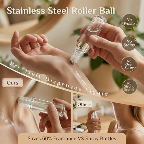 PrettyCare 24 Pack, 10 ml Essential Oil Roller Bottles with Stainless Steel Roller Ball - Refillable Leak-proof Empty Thick Clear Glass Roll on Bottles with Black Caps for Travel, Perfume - color: Clear with Black Cap, size: 24 Pack