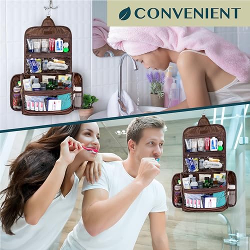 PAVILIA Large Hanging Toiletry Bag for Men Women, Travel Toiletry Organizer with 10 Compartments, Swivel Hook and 3 Leakproof Pockets, Water Resistant Shaving Kit Case, Packs Flat, Brown - color: Brown