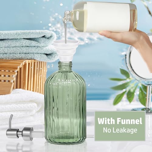 14Oz Green Soap Dispenser Bathroom, Clear Glass Hand Soap Dispensers with Stainless Steel Pump, Refillable Dish Soap Dispenser with Funnel for Kitchen, Countertop Soap Dispensers - color: Green