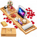 Foldable Bathtub Caddy Tray, Bamboo Bath Tub Tray Table for Tub with Wine Glass Holder Book Phone Tablet Holder with Extending Sides, Adjustable Bathroom Bathtub Free Soap Holder Gift Idea (Beige) - color: Beige