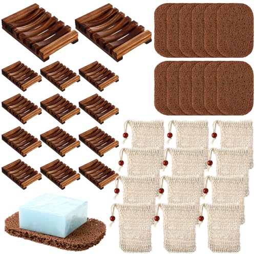 Baderke 36 Pcs Soap Saver Set for Packaging Gift Including Wooden Dish Holder Exfoliating Bag with Drawstring Soap Pads for Mother's Day Bar Wedding Baby Shower Homemade Gift(Brown Color) - color: Brown Color