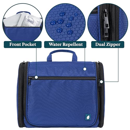 PAVILIA Large Hanging Toiletry Bag for Men, Travel Toiletry Organizer with 10 Compartments, Swivel Hook and 3 Leakproof Pockets, Water Resistant Shaving Kit Case, Packs Flat, Blue - color: Blue